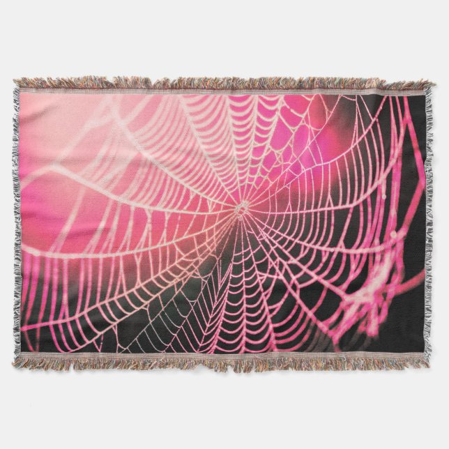 Hot Pink Black Creepy Spooky Spider Web Throw Blanket (Front)