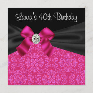 Hot Pink Black Damask Birthday Party Invitation