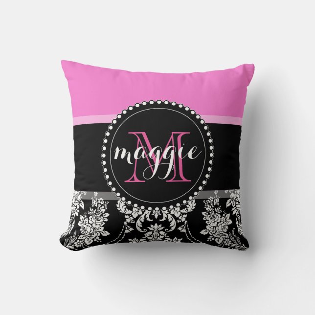 Hot Pink Black Damask Girly Monogram Pattern Cushion (Front)