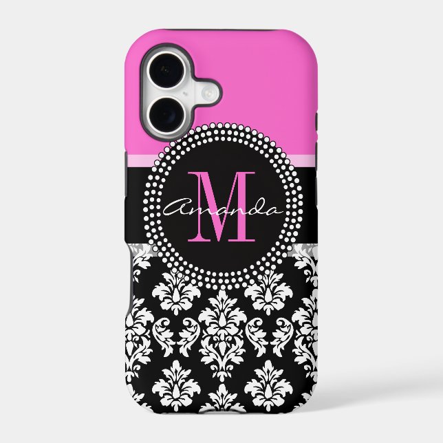 Hot Pink Black Damask Monogram Name (Back)