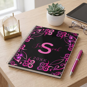 Hot Pink Black Damask Monogram Name Year Planner