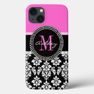 Hot Pink Black Damask Monogrammed iPhone 13 Case