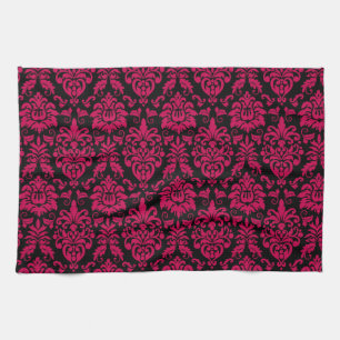 Hot Pink Black Damask Pattern Tea Towel