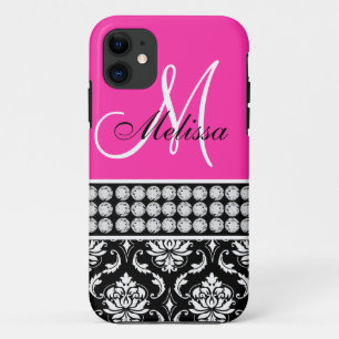 Hot Pink, Black Damask Printed Diamonds Case-Mate iPhone Case