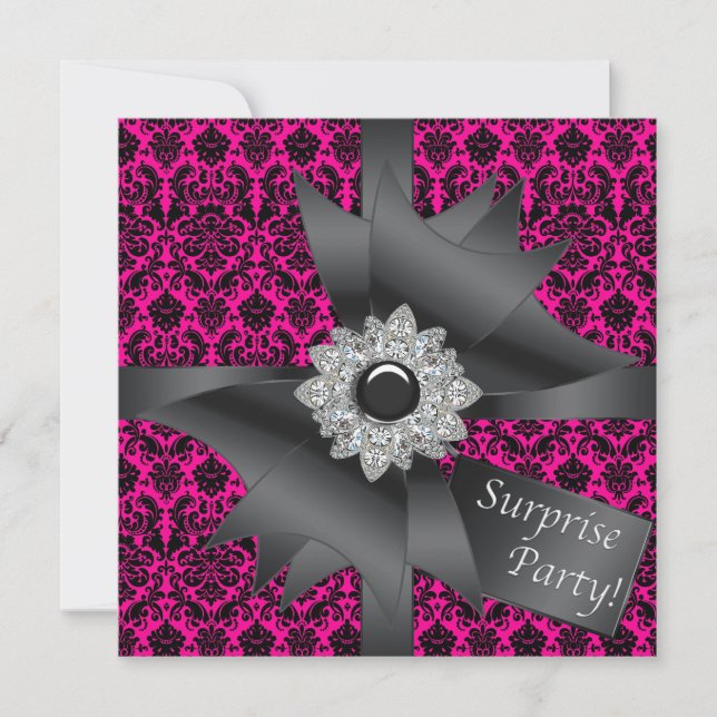 Hot Pink Black Damask Surprise Birthday Party Invitation (Front)