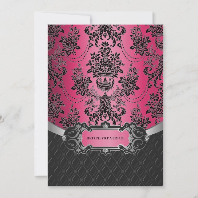 Hot Pink & Black Damask Wedding Invitations (Front)