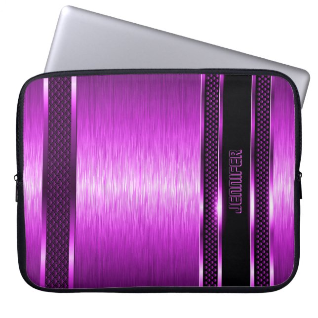 Hot Pink & Black Design Brushed Aluminium Look Laptop Sleeve (Front)