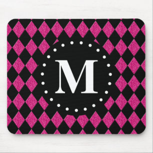 Hot Pink Black Diamond Pattern Monogram Mouse Pad