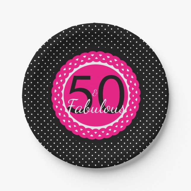 Hot Pink Black Dots 50 & Fabulous Birthday Party Paper Plate (Front)