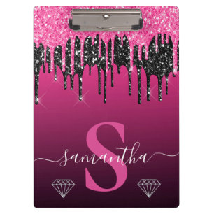 Hot Pink & Black Dripping Glitter Monogram Clipboard