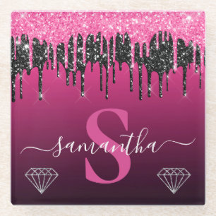 Hot Pink & Black Dripping Glitter Monogram Glass Coaster