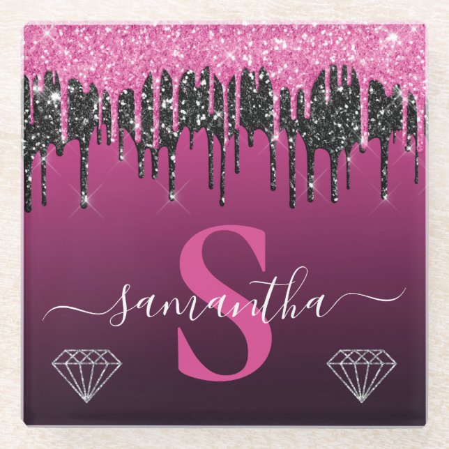 Hot Pink & Black Dripping Glitter Monogram Glass Coaster (Front)
