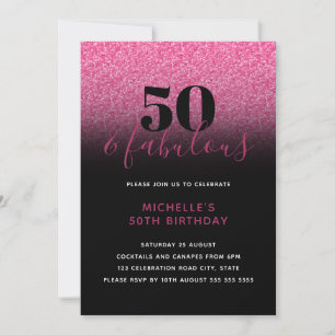 Hot Pink & Black Faux Glitter 50 & Fabulous Invitation