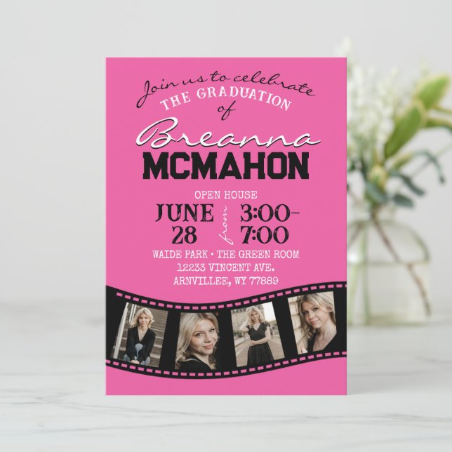 Hot Pink & Black Filmstrip 5 Photo Graduation Invitation (Standing Front)