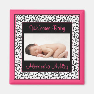 Hot Pink Black Floral Damask Baby Photo Magnet