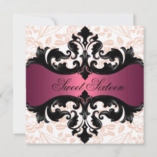 Hot Pink & Black Floral Damask Birthday Invitation