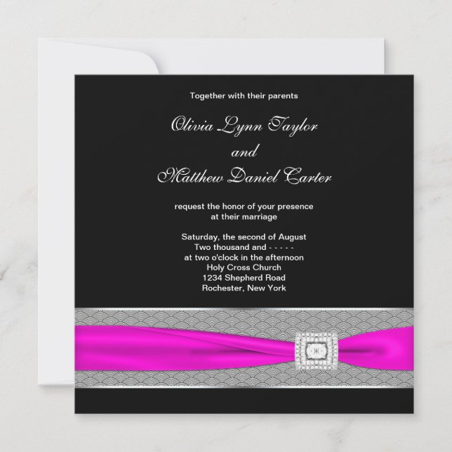 Hot Pink Black Fuchsia Pink Bow Wedding Invitation (Front)