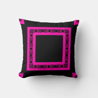 Hot Pink Black Geometric Square Border Cushion