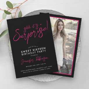 Hot Pink Black Girly Photo Surprise Sweet 16 Invitation