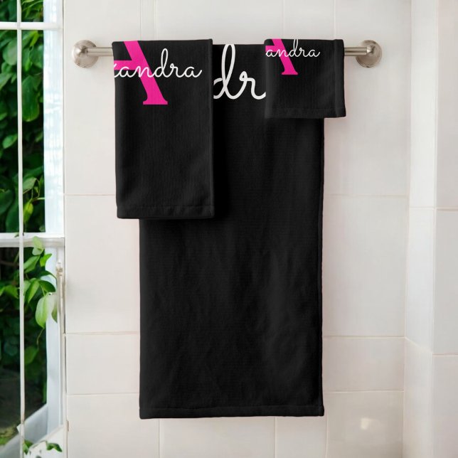 Hot Pink Black Girly Script Monogram Name Bath Towel Set (Creator Uploaded)