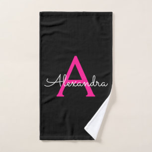 Hot Pink Black Girly Script Monogram Name Hand Towel