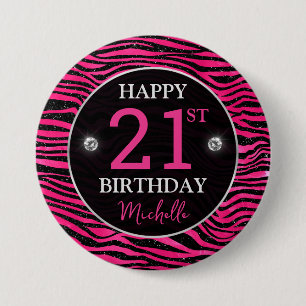 Hot Pink & Black Glitter Tiger Stripes Birthday 7.5 Cm Round Badge