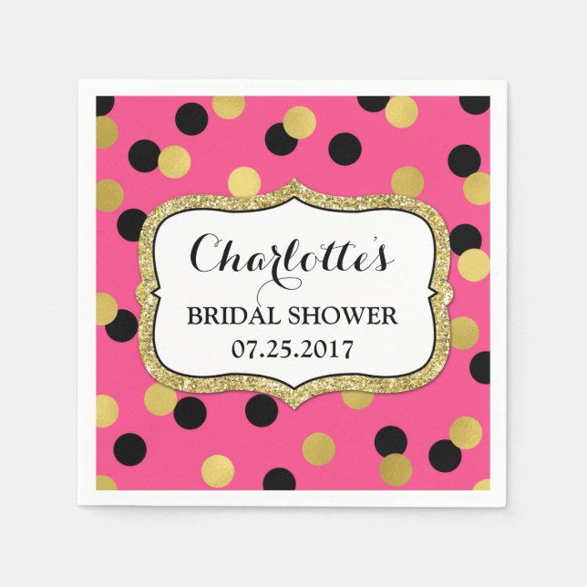 Hot Pink Black Gold Confetti Bridal Shower Napkin (Front)