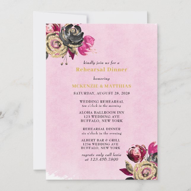 Hot Pink Black Gold Peony Rehearsal Dinner Invitation (Front)