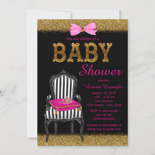 Hot Pink Black Gold Princess Chair Baby Shower Invitation (Front)