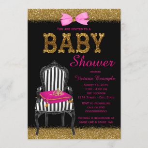 Hot Pink Black Gold Princess Chair Baby Shower Invitation