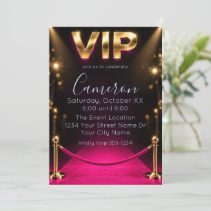 Hot Pink Black & Gold Red Carpet VIP Birthday Invitation