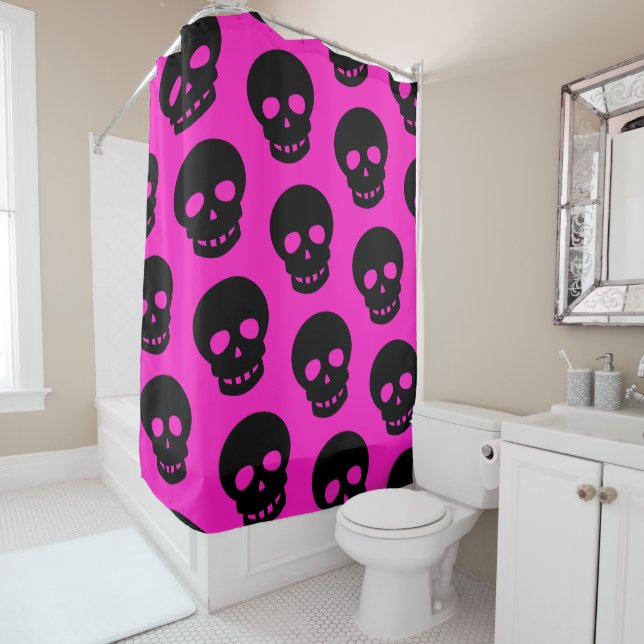 Hot Pink Black Goth Skulls Pattern Shower Curtain (In Situ)