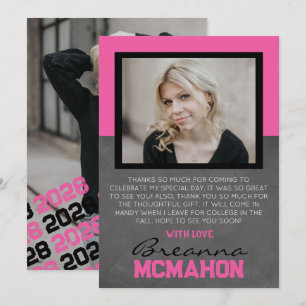 Hot Pink & Black Graduation 2 Photo Thank You Card