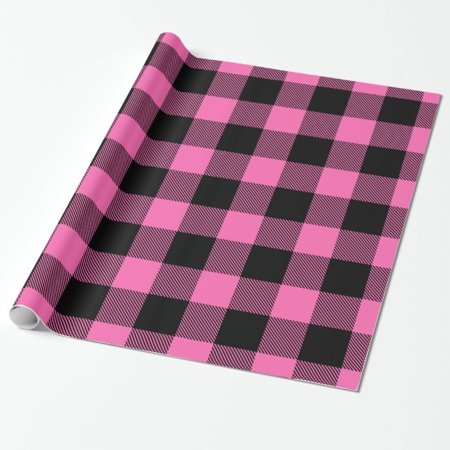 Hot Pink Black Huge Buffalo Plaid Lumberjack Wrapping Paper (Unrolled)