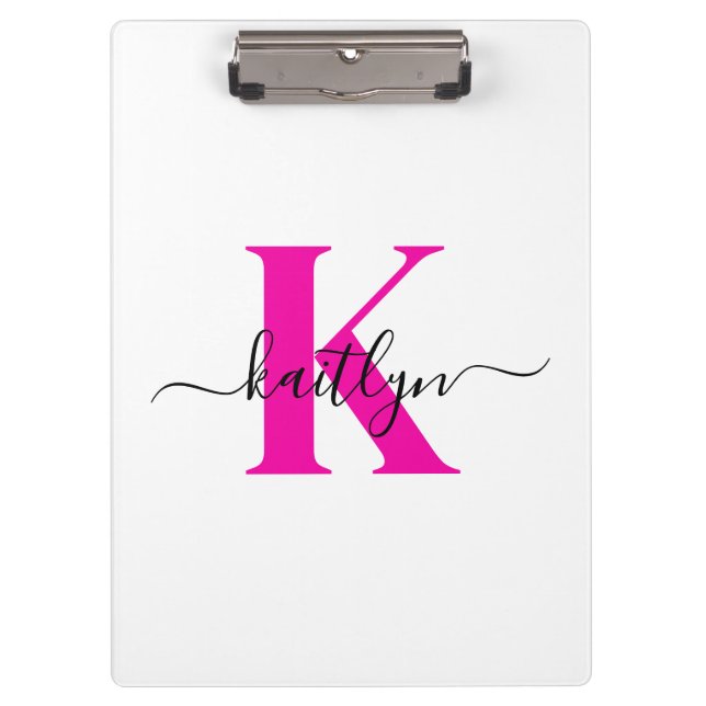 Hot Pink Black Initial Name Monogrammed Clipboard (Front)