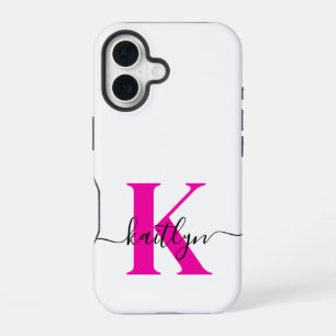 Hot Pink Black Initial Name Monogrammed iPhone 16 Case