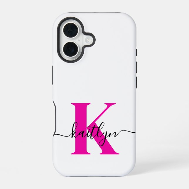 Hot Pink Black Initial Name Monogrammed iPhone 16 Case (Back)