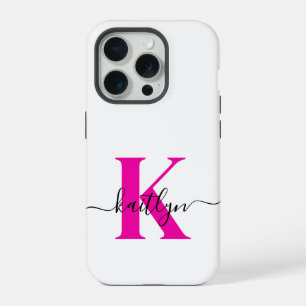 Hot Pink Black Initial Name Monogrammed iPhone 15 Pro Case