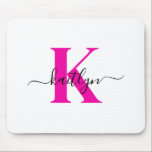 Hot Pink Black Initial Name Monogrammed Mouse Pad<br><div class="desc">This simple,  elegant white mousepad with your first name in a trendy script font in black typed over your first initial in a modern cap font in hot pink is perfect for your office/desk.  It's stylish and trendy and yet very classic.</div>
