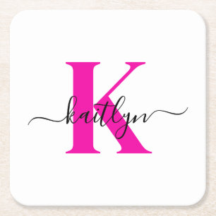 Hot Pink Black Initial Name Monogrammed Square Paper Coaster