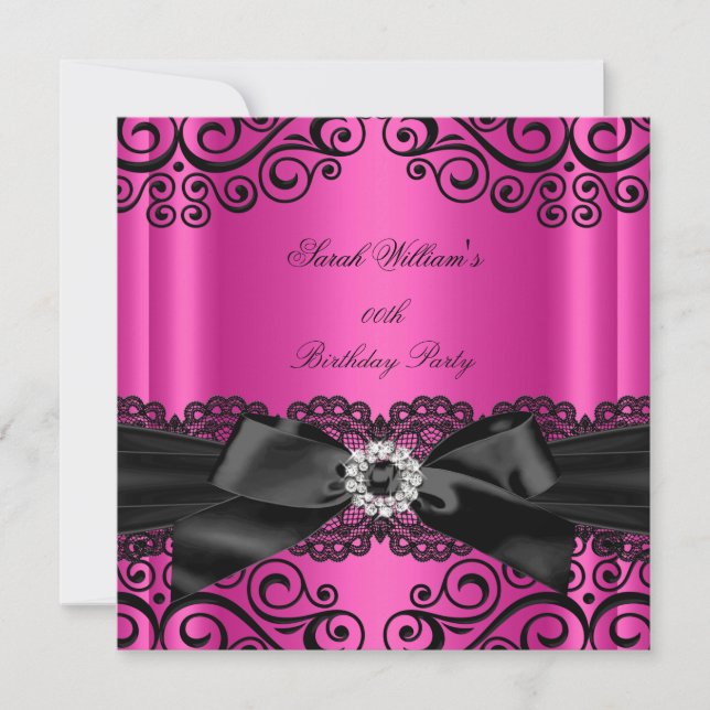 Hot Pink Black Lace Bow Birthday Party Invitation (Front)
