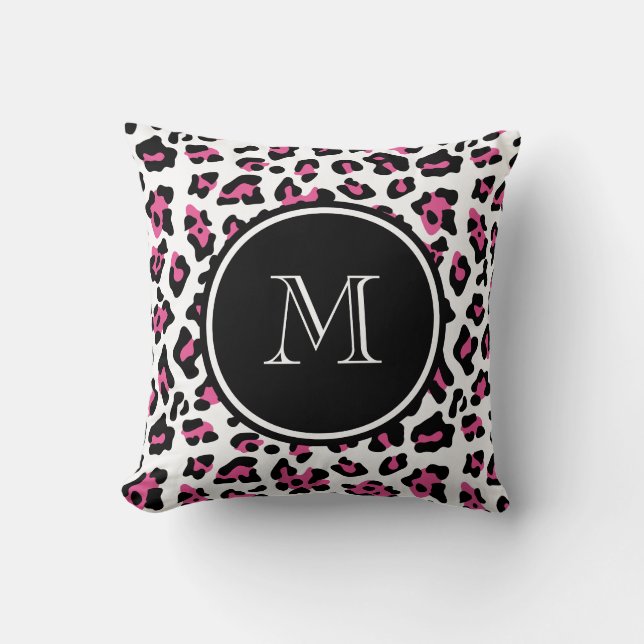 Hot Pink Black Leopard Animal Print with Monogram Cushion (Front)