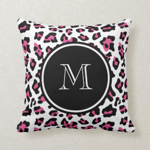 Hot Pink Black Leopard Animal Print with Monogram Cushion