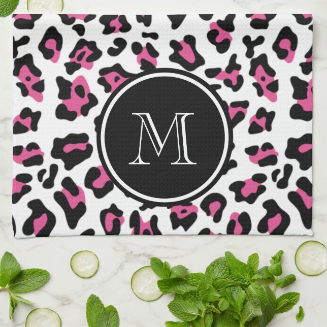 Hot Pink Black Leopard Animal Print with Monogram Tea Towel (Folded)