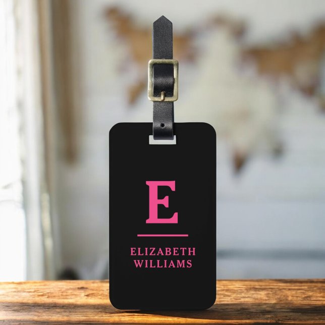 Hot Pink Black Minimal Modern Monogram  Luggage Tag (Creator Uploaded)