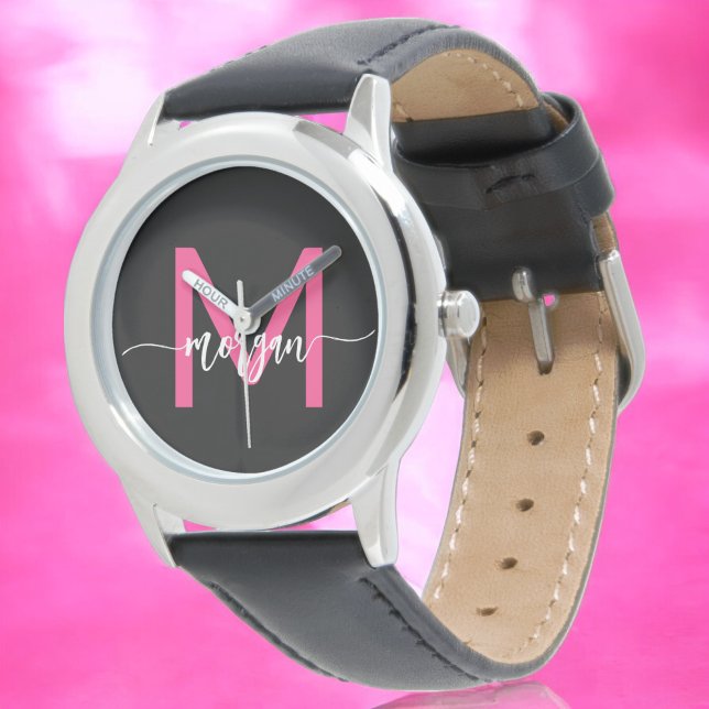 Hot Pink Black Modern Script Girls Monogram Name Watch (Creator Uploaded)