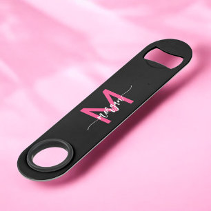 Hot Pink Black Modern Script Girly Monogram Name