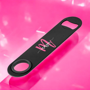 Hot Pink Black Modern Script Girly Monogram Name