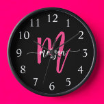 Hot Pink Black Modern Script Girly Monogram Name<br><div class="desc">Make a bold statement in your space with our Hot Pink Modern Script Girly Monogram Name Large Clock! Featuring a vibrant hot pink design and personalised with your name in an elegant modern script, this clock adds a stylish and personal touch to any room. Perfect for bedrooms, offices, or living...</div>