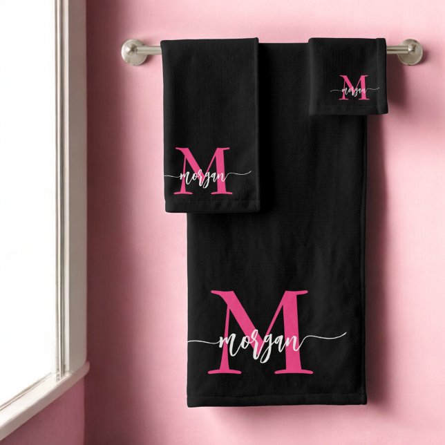 Hot Pink Black Modern Script Girly Monogram Name Bath Towel Set (Creator Uploaded)